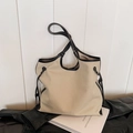 Minimalist canvas tote bag in beige with black contrast trim and drawstring side detail - Beige Black Without Pendant