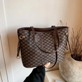 Brown monogram tote bag featuring large capacity and premium faux leather handles - Brown