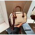 Retro contrast color PU leather bowling bag in cream white with brown trim and strap - Off White