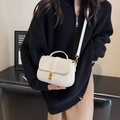 Elegant cream textured leather crossbody square bag with gold twist lock for women - Off-white