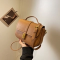 Dark brown lychee pattern leather crossbody bag with golden hardware and top handle - Brown