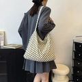 Grand sac cabas en toile crème à pois noirs avec large bandoulière pour femme - Pois Blancs