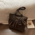 Dark coffee brown pleated tote bag with large ruffles and lychee leather texture - Brown