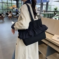 Fashionable black canvas tote bag with elegant ruffled pleats and large capacity design - Black