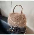 Brown faux fur handbag featuring elegant pearl chain and detachable long crossbody strap - Dark Khaki