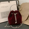 Elegante borsa a secchiello in velluto bordeaux con strass e tracolla a catena argento - Borgogna