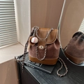 Vintage brown frosted small backpack with chain straps and baseball keychain detail - Coffee with Pendant
