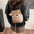 Stylish brown suede small backpack for women featuring elegant silver chain straps - Gray With Pendant