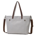 Casual white canvas tote bag with brown straps and crossbody shoulder strap - Light Gray