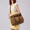 Large capacity brown canvas tote bag with adjustable shoulder strap and leather handles - Brown