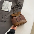 Vintage brown frosted leather small backpack with elegant silver chain strap - Coffee without Pendant