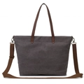 Casual dark grey canvas tote bag with brown leather handles and adjustable shoulder strap - Dark Gray