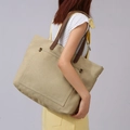 Large khaki canvas tote bag for women with stylish brown leather handles for daily use - Khaki