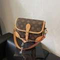 Classic vintage dark brown monogram crossbody bag with adjustable wide strap - Brown