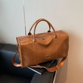 Large capacity brown PU leather travel duffel bag with dual handles and shoulder strap - Brown