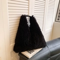 Faux fur hobo shoulder bag in deep black with leather handle for winter fashion - Black