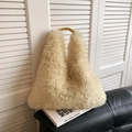 Chic cream white faux fur tote bag with smooth yellow leather handles for autumn and winter - Yellow