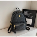 Fashionable black backpack with bear pattern, gold hardware and rivet side pockets - Black with Pendant