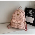 Pink teddy bear printed backpack in pebble grain PU leather with gold hardware - Pink with Pendant