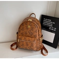 Brown leather backpack featuring teddy bear print and golden rivet accents for women - Brown with Pendant