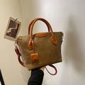 Bolso tote retro de cuero texturizado caqui con asas y bandolera en contraste color caramelo - Tostado