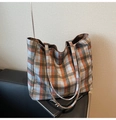 Large capacity plaid tote bag in orange and blue tweed with handmade metal tag - Blue Plaid