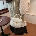 Chic white faux shearling bucket bag with pearl strap and quilted pattern for women - Off White
