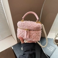 Pink tweed bucket bag for women with pearl shoulder strap and golden hardware - Pink