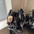 Black quilted nylon tote bag with colorful embroidery and coffee cup plush charm - Black with Pendant