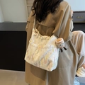 White quilted tote bag with colorful embroidery, mini cup pendant, and large capacity - Cream White With Pendant