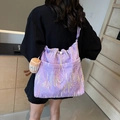 Purple embroidered tote bag with quilted texture and plush coffee cup charm - Purple With Pendant