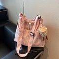 Pink quilted tote bag with colorful embroidery and a cute coffee cup plush charm - Pink with Pendant