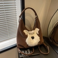 Borsa tote in pelle marrone scuro con ricamo schnauzer carino e tracolla regolabile - Cane Marrone