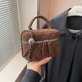 Brown quilted suede chain bag with vintage chain strap and metal ball adjuster - Brown