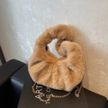Fashionable camel plush handbag with knot handle design and golden metal chain - Khaki