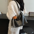 Classic black PU leather shoulder bag with M logo embossing and cute bear charm pendant - With Pendant / Black