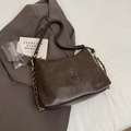 Dark brown retro hobo bag with pebble texture and embossed M logo on grey suit - No Pendant / Coffee