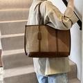Bolso tote grande de lona y cuero patchwork en tonos marrones con asas delgadas - Caqui & Marrón