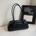 Bolso de hombro minimalista de cuero negro con acabado mate y doble cremallera plateada - Negro sin Colgante