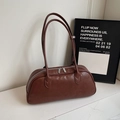Minimalist brown leather baguette bag with dual metal zippers for urban women - Brown No Pendant