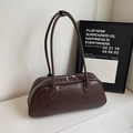 Sleek dark coffee brown baguette shoulder bag with polished faux leather finish - Coffee No Charm