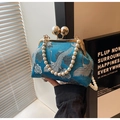 Borsa vintage in seta blu con ricamo di gru e manico con perle decorative - Blu