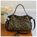 Chic leopard print tote bag with black leather straps and detachable shoulder strap - Black
