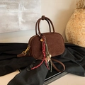 Vintage dark brown matte bowling bag with decorative pendants and shoulder strap - Coffee with Pendant