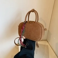Brown faux suede crossbody bag with dual zippers and woven cord charm detail - Brown (With Woven Charm)