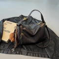 Dark brown leather tote bag with gold hardware, plush bear charm and woven strap - Black PU Leather