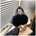 Minimalist black suede bowling bag with gold hardware and top handles for women - Black (Without Charm)