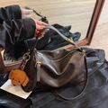 Vintage dark brown leather tote bag with gold hardware and a plush bear pendant - PU Coffee