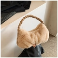 Chic apricot plush shoulder bag with stylish woven leather handle and zip closure - Khaki