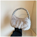 Fashionable light grey plush shoulder bag with woven leather handle for women - Gray
